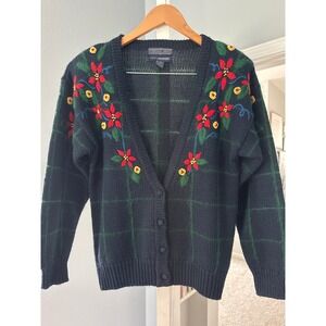 Herman Geist Embroidered Floral Wool Blend Cardigan Navy S Cottagecore Grandma